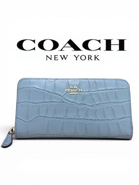COACH Croc Embossed Leather Accordion Zip Wallet in Dusk Blue NWT